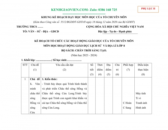 Tải phụ lục 2 Địa lí 8 chân trời sáng tạo file word