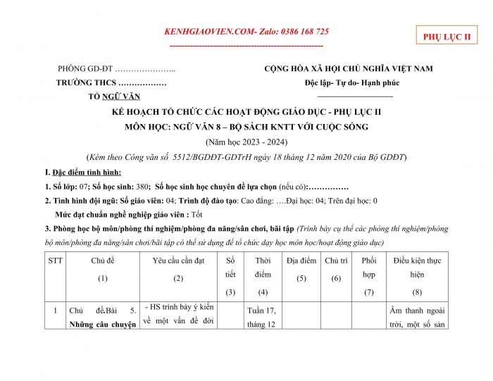 Tải phụ lục 2 Ngữ văn 8 kết nối tri thức file word