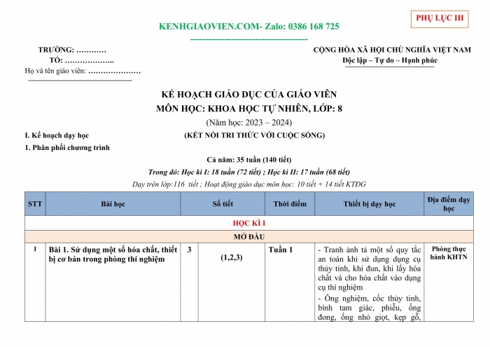Tải phụ lục 3 Sinh học 8 kết nối tri thức file word