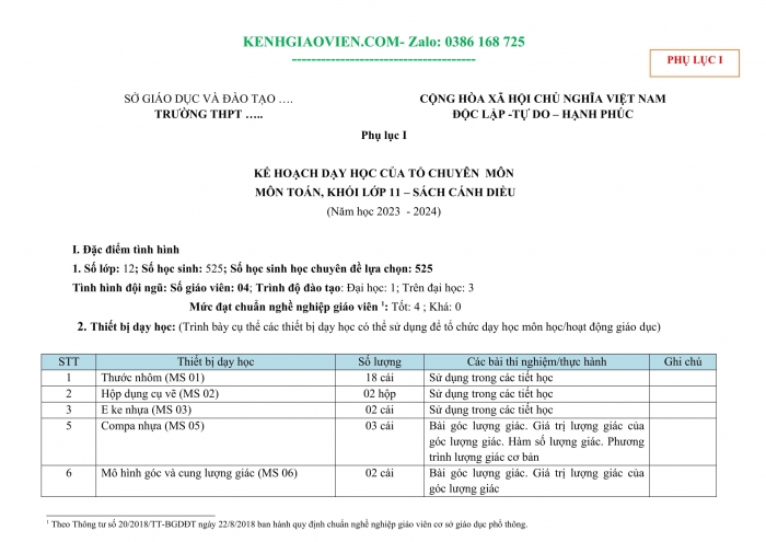 Tải phụ lục 1 Toán 11 cánh diều file word