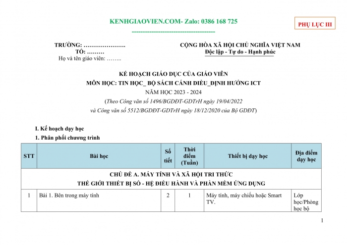 Tải phụ lục 3 Tin học khoa học máy tính 11 cánh diều file word