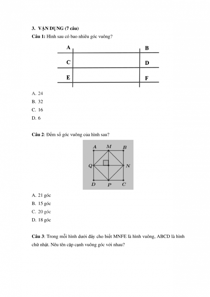 Phiếu trắc nghiệm Toán 4 cánh diều Bài 21: Hai đường thẳng vuông góc. Vẽ hai đường thẳng vuông góc