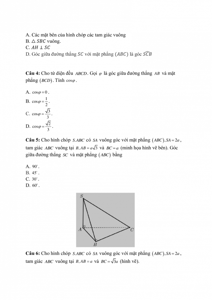 Phiếu trắc nghiệm Toán 11 cánh diều Chương VIII - Bài 3: Góc giữa đường thẳng và mặt phẳng. Góc nhị diện