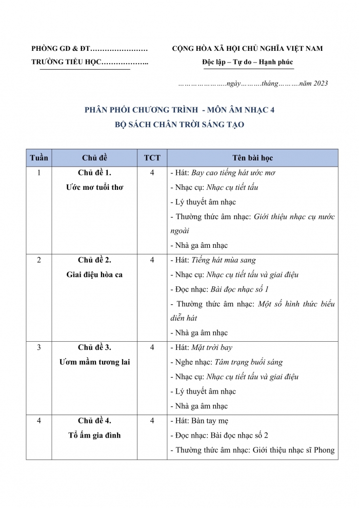 PPCT âm nhạc 4 chân trời sáng tạo