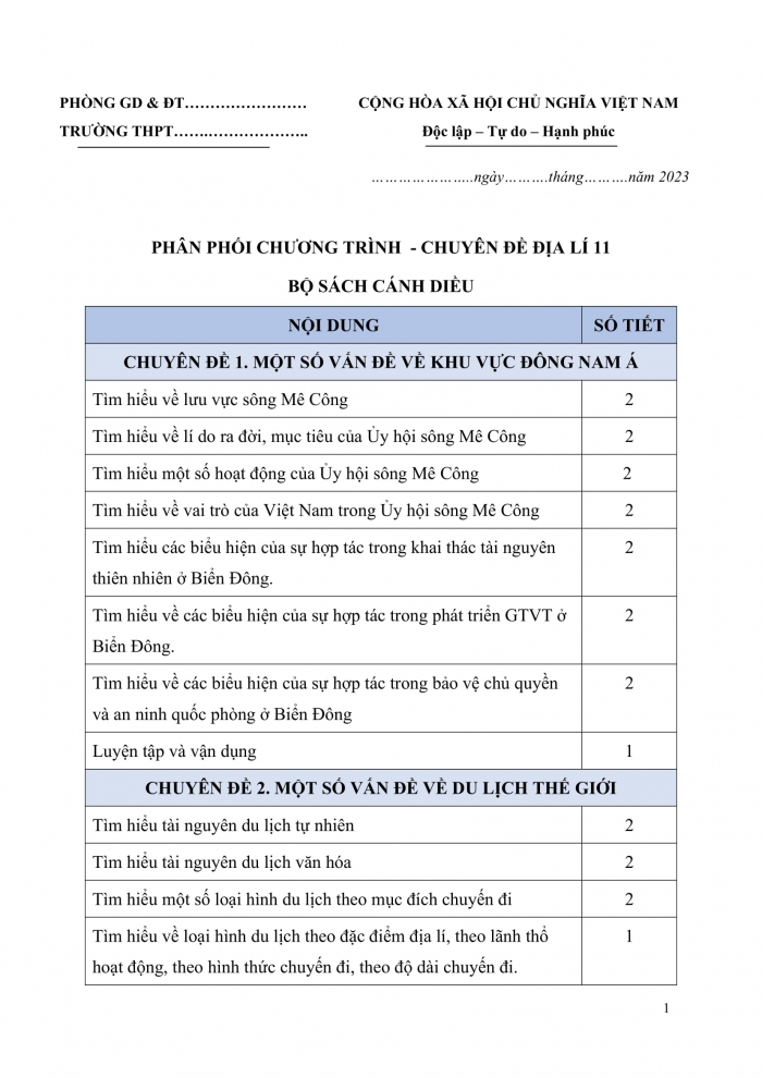 PPCT chuyên đề địa lí 11 cánh diều