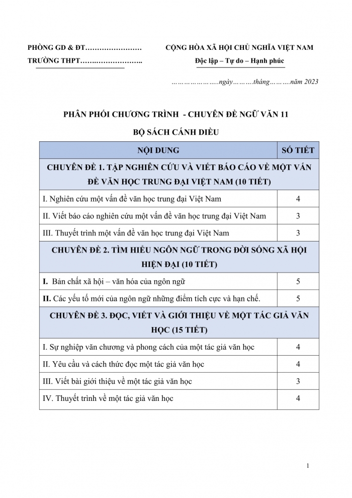 PPCT chuyên đề ngữ văn 11 cánh diều