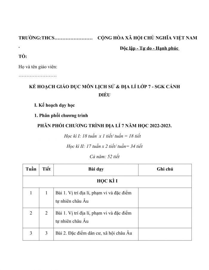 PPCT địa lí 7 cánh diều