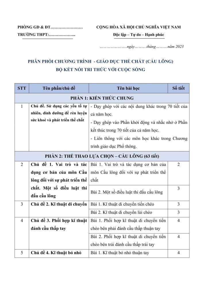 PPCT cầu lông 11 kết nối tri thức