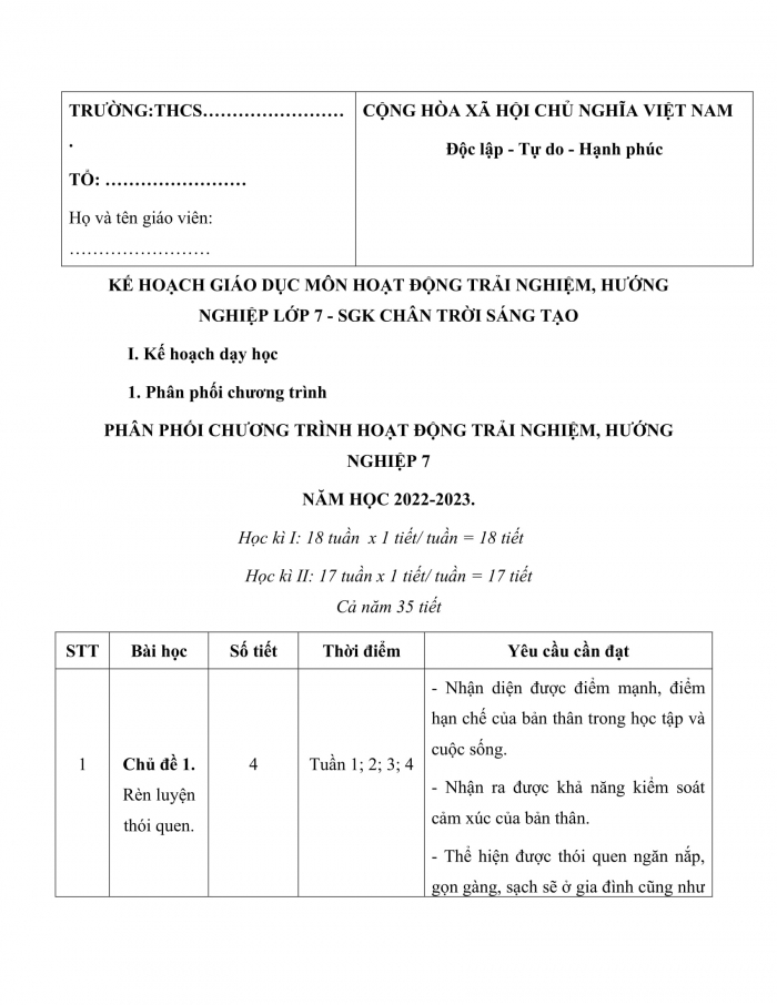 PPCT hoạt động trải nghiệm 7 chân trời sáng tạo