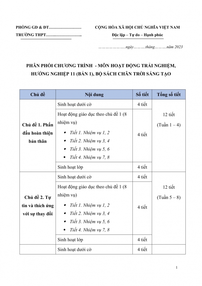 PPCT Hoạt động trải nghiệm hướng nghiệp 11 chân trời sáng tạo bản 1