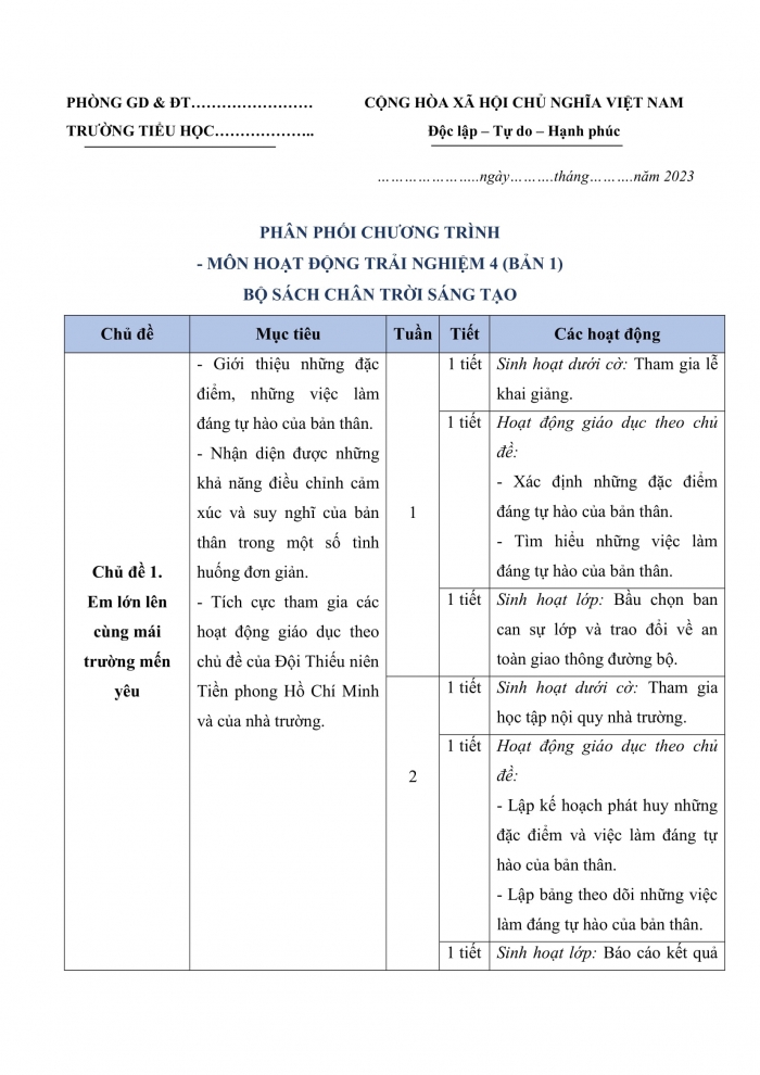 PPCT hoạt động trải nghiệm 4 chân trời sáng tạo bản 1