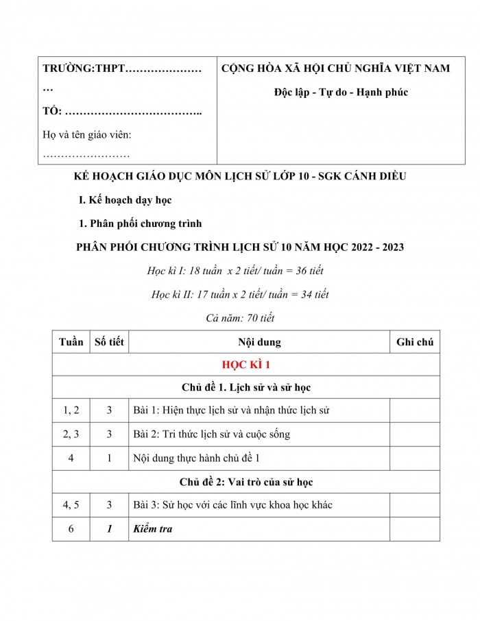 PPCT lịch sử 10 cánh diều
