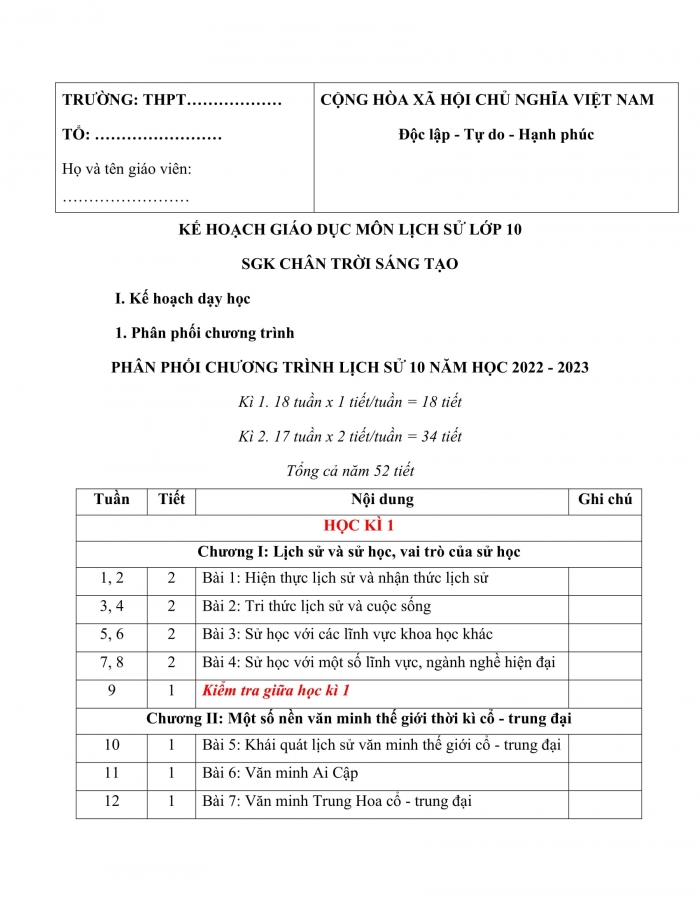 PPCT lịch sử 10 chân trời sáng tạo