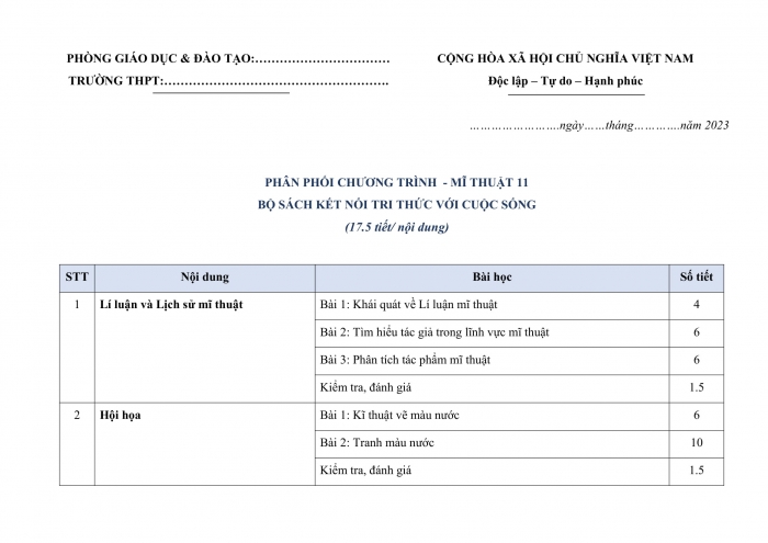 PPCT mĩ thuật 11 kết nối tri thức