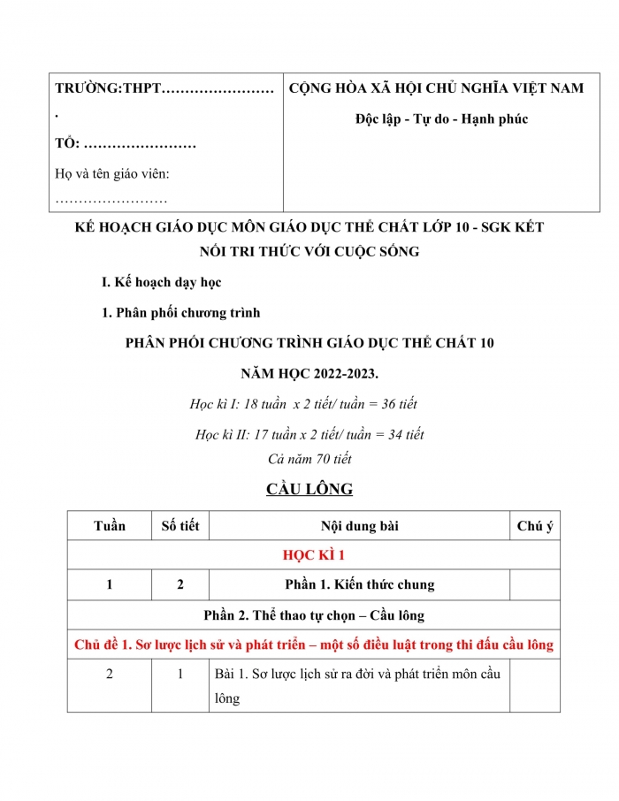 PPCT thể dục 10 - Cầu lông 10 kết nối tri thức
