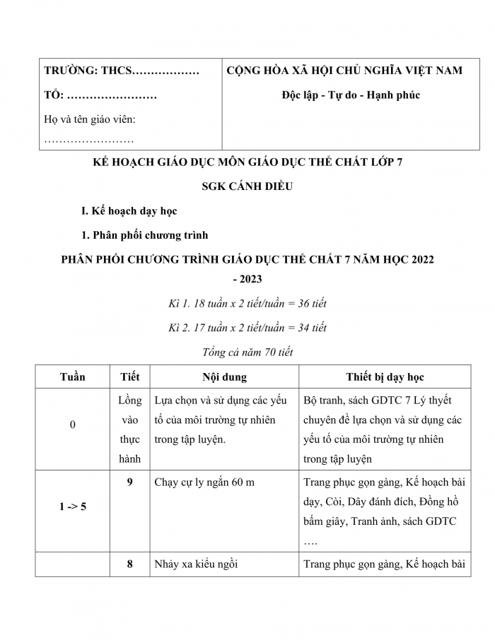 PPCT thể dục 7 cánh diều