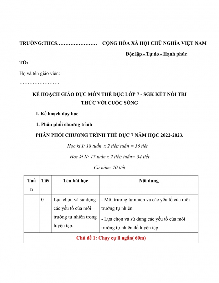 PPCT thể dục 7 kết nối tri thức