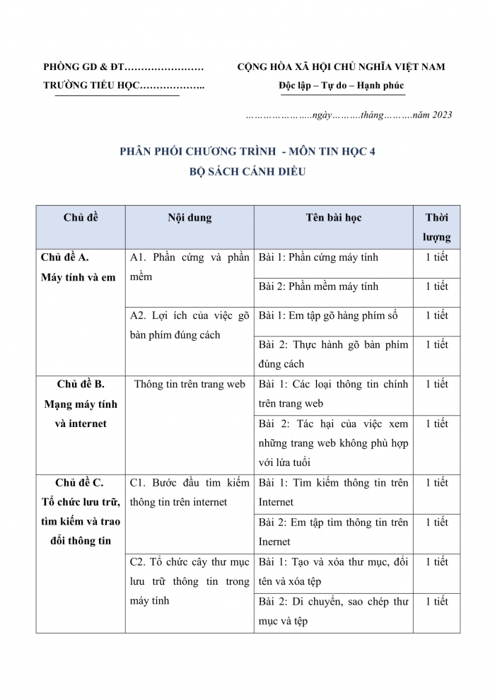 PPCT tin học 4 cánh diều