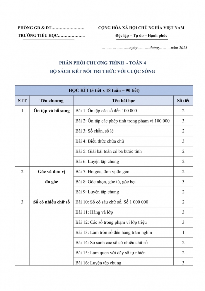 PPCT toán 4 kết nối tri thức