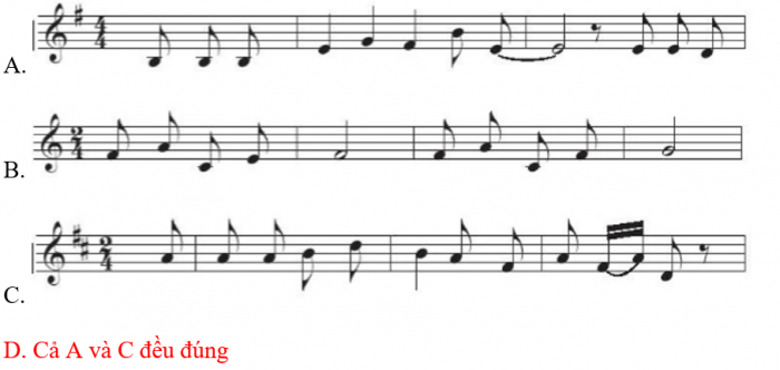 Trắc nghiệm âm nhạc 7 kết nối tri thức Tiết 2: lí thuyết âm nhạc: nhịp lấy đà.  Đọc nhạc: bài đọc nhạc số 1