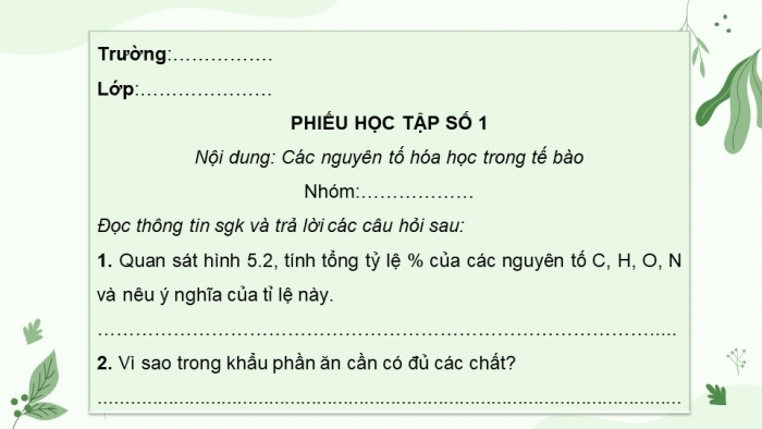 Giáo án điện tử sinh học 10 cánh diều bài 5: Các nguyên tố hóa học và nước