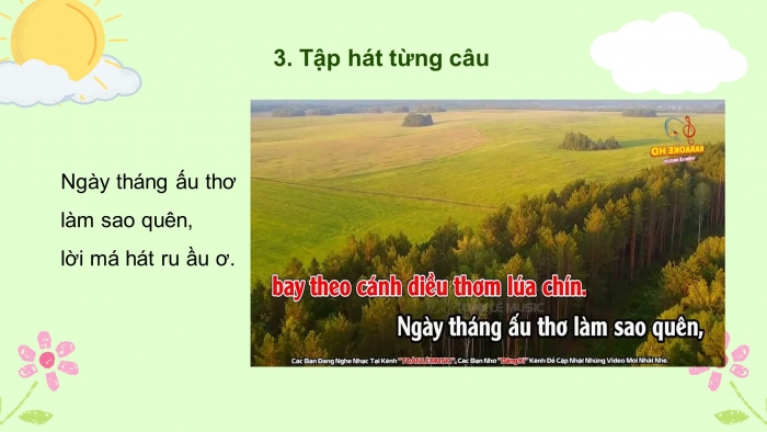 Giáo án điện tử âm nhạc 3 chân trời tiết 2: Ôn tập bài hát (lời 1), học hát lời 2 - Cánh đồng tuổi thơ. Thực hành sáng tạo vận động, thể hiện âm thanh các con vật và sự vật. Nhạc cụ - Làm quen gõ thanh phách. Luyện tập mẫu âm