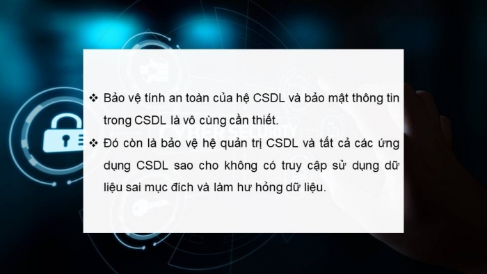 Giáo án điện tử Khoa học máy tính 11 cánh diều Chủ đề F bài 8: Bảo vệ sự an toàn của hệ CSDL và bảo mật thông tin trong CSDL