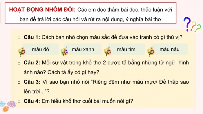 Giáo án điện tử Tiếng Việt 4 chân trời CĐ 1 Bài 7 Đọc: Sắc màu