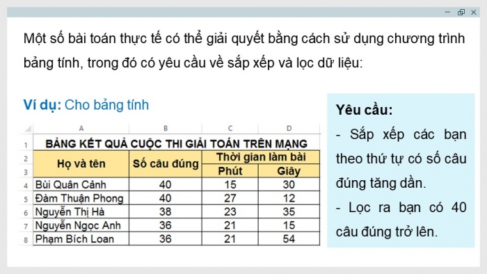 Giáo án điện tử Tin học 8 kết nối Bài 6: Sắp xếp và lọc dữ liệu