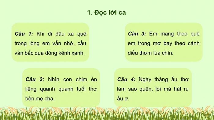 Giáo án điện tử âm nhạc 3 chân trời tiết 2: Ôn tập bài hát (lời 1), học hát lời 2 - Cánh đồng tuổi thơ. Thực hành sáng tạo vận động, thể hiện âm thanh các con vật và sự vật. Nhạc cụ - Làm quen gõ thanh phách. Luyện tập mẫu âm