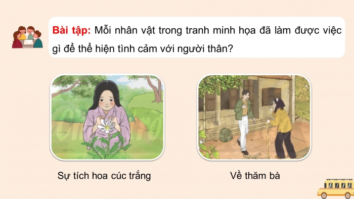 Giáo án điện tử Tiếng Việt 4 chân trời CĐ 2 Bài 2 Nói và nghe: Kể về một việc làm thể hiện tình cảm của em với người thân