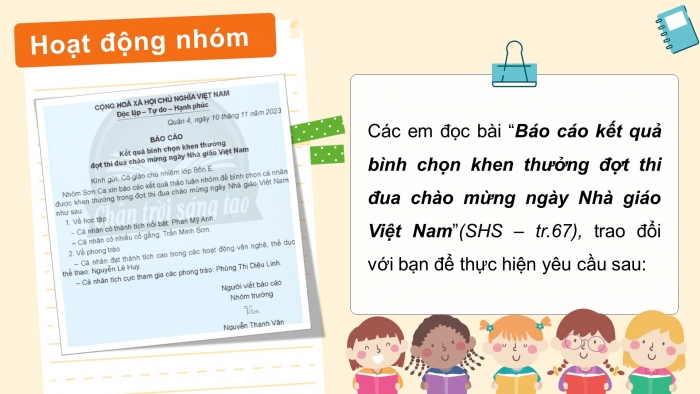 Giáo án điện tử Tiếng Việt 4 chân trời CĐ 2 Bài 7 Viết: Viết báo cáo thảo luận nhóm