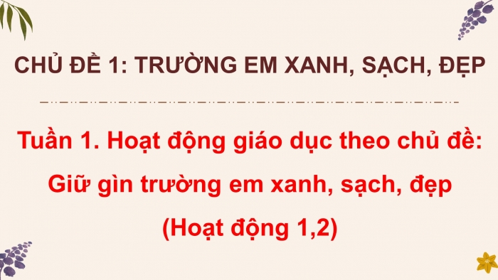 Giáo án điện tử HĐTN 4 cánh diều Tuần 1: Giữ gìn trường em xanh, sạch, đẹp - Hoạt động 1, 2