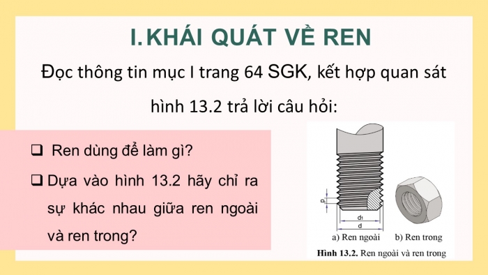 Giáo án điện tử công nghệ thiết kế 10 cánh diều bài 13: Biểu diễn ren