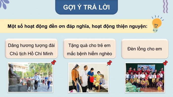 Giáo án điện tử Tiếng Việt 4 chân trời CĐ 1 Bài 6 Nói và nghe: Kể về một hoạt động đền ơn đáp nghĩa hoặc một hoạt động thiện nguyện; Viết: Trả bài văn kể chuyện