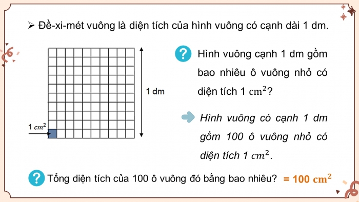 Giáo án điện tử Toán 4 kết nối Bài 18: Đề - xi mét vuông, mét vuông, mi - li - mét vuông