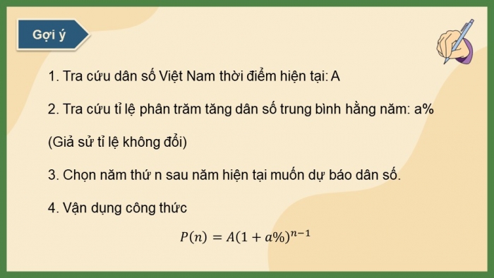 Giáo án điện tử Toán 11 chân trời Hoạt động thực hành và trải nghiệm Bài 2: Dùng công thức cấp số nhân để dự báo dân số