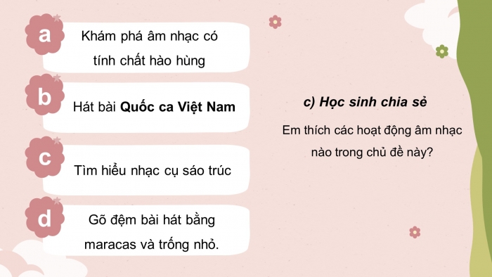 Giáo án điện tử âm nhạc 3 chân trời tiết 4: Luyện hát Quốc ca Việt Nam kết hợp đệm nhạc cụ maracas. Nhà ga âm nhạc. Củng cố, dặn dò, gợi ý cho chủ đề 3