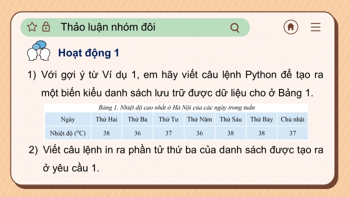 Giáo án điện tử tin học 10 cánh diều bài 14: Kiểu dữ liệu danh sách - xử lí danh sách (2 tiết)