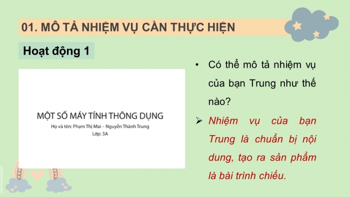 Giáo án điện tử tin học 3 chân trời bài 15: Nhiệm vụ của em và sự trợ giúp của máy tính