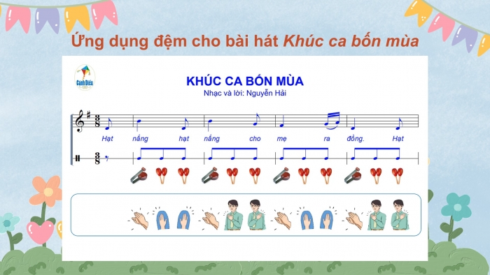 Giáo án điện tử Âm nhạc 8 cánh diều Bài 2 Tiết 2: Thể hiện tiết tấu; ứng dụng đệm cho bài hát Khúc ca bốn mùa; Ôn tập Bài hoà tấu số 1; Trải nghiệm và khám phá: Vỗ tay theo 3 mẫu tiết tấu nhịp 3/8