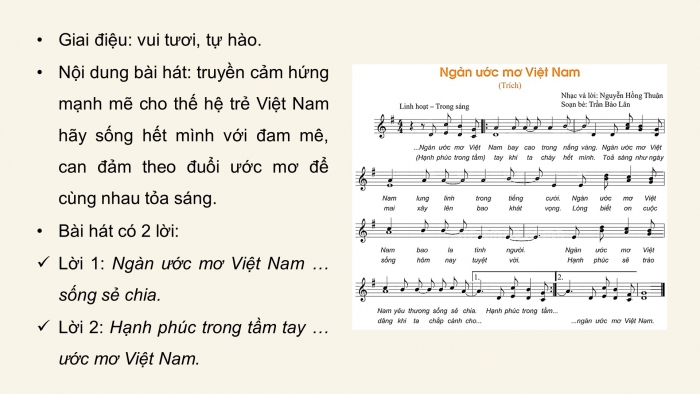 Giáo án điện tử Âm nhạc 8 kết nối Tiết 10: Hát: Hát hai bè trích đoạn bài Ngàn ước mơ Việt Nam, liên khúc Tôi yêu Việt Nam