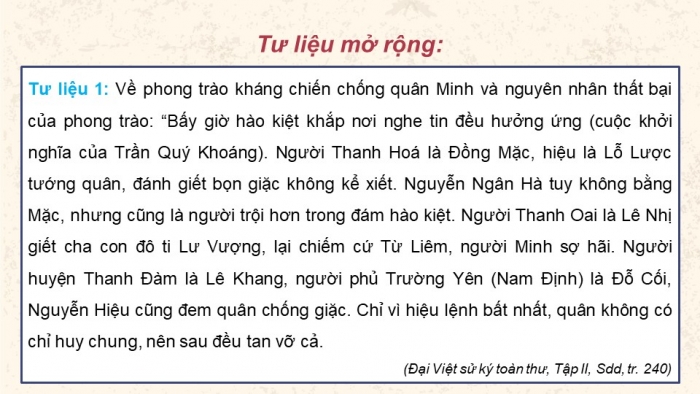 Giáo án điện tử Lịch sử 11 kết nối Bài 8: Một số cuộc khởi nghĩa và chiến tranh giải phóng trong lịch sử Việt Nam (từ TK III TCN đến cuối TK XIX) (Phần 2)