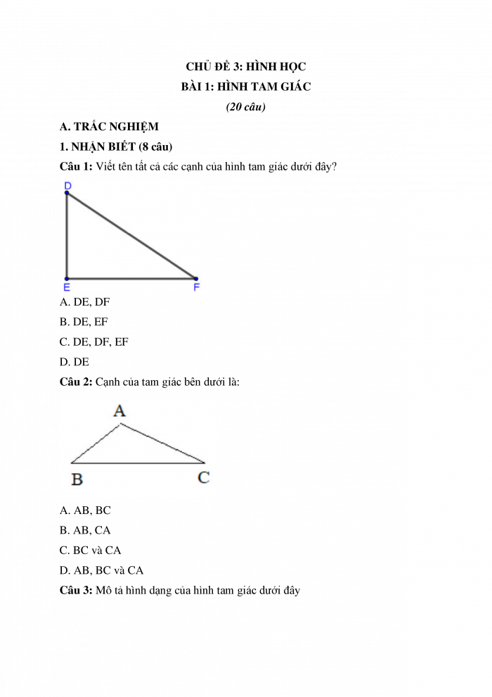 Trắc nghiệm Toán 5 Chương 3 Bài 1: Hình tam giác