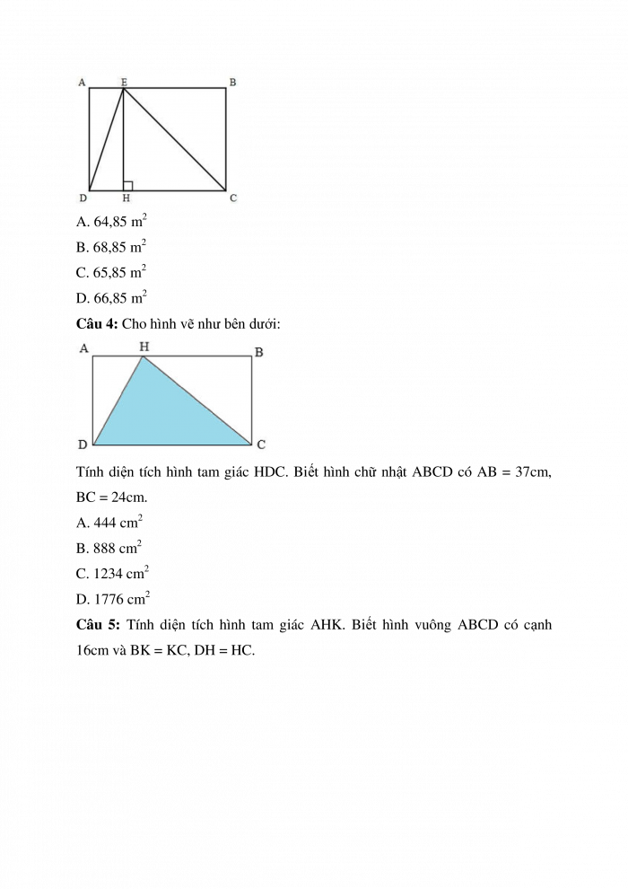 Trắc nghiệm Toán 5 Chương 3 Bài 2: Diện tích hình tam giác