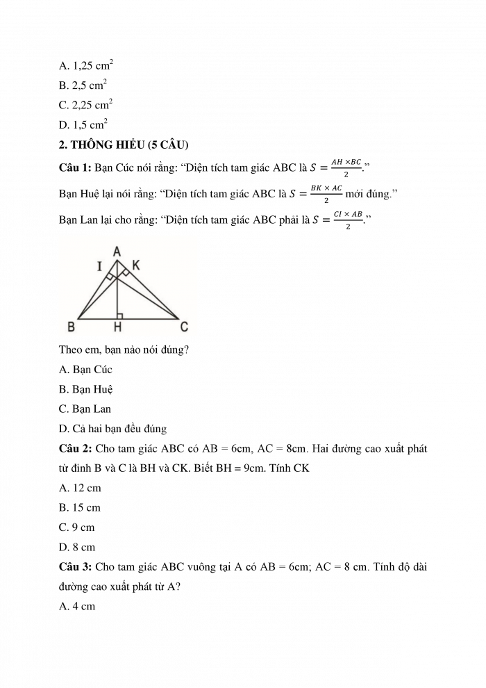 Trắc nghiệm Toán 5 Chương 3 Bài 3: Luyện tập hình tam giác