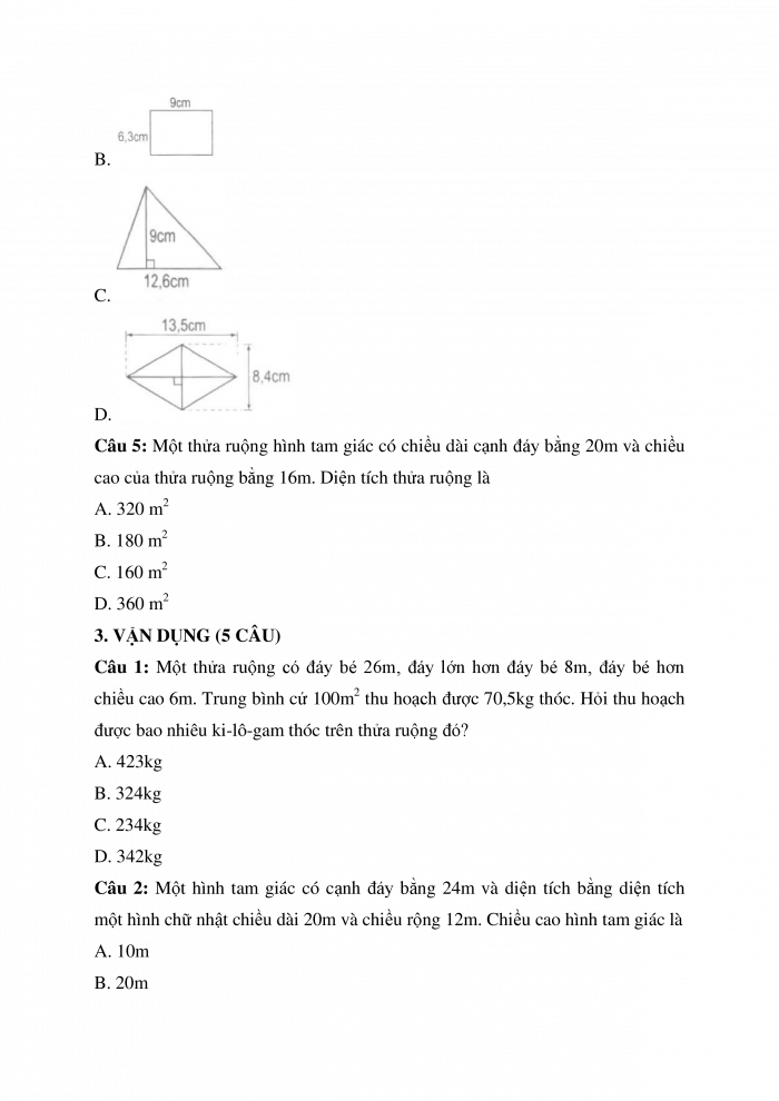 Trắc nghiệm Toán 5 Chương 3 Bài 7: Luyện tập chung về diện tích hình tam giác và hình thang