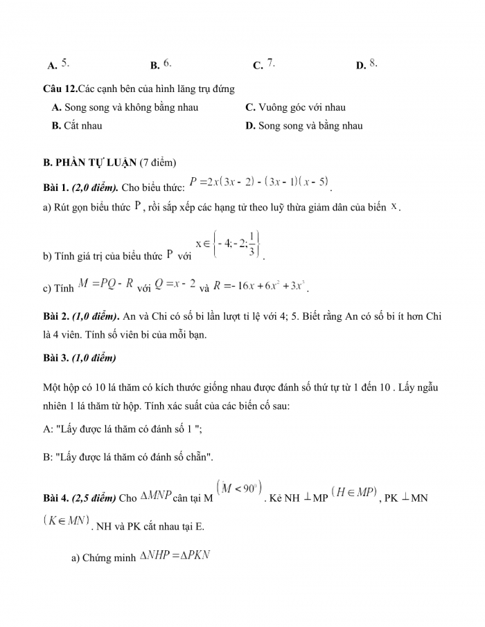 Đề thi cuối kì 2 toán 7 kết nối tri thức (Đề số 9)